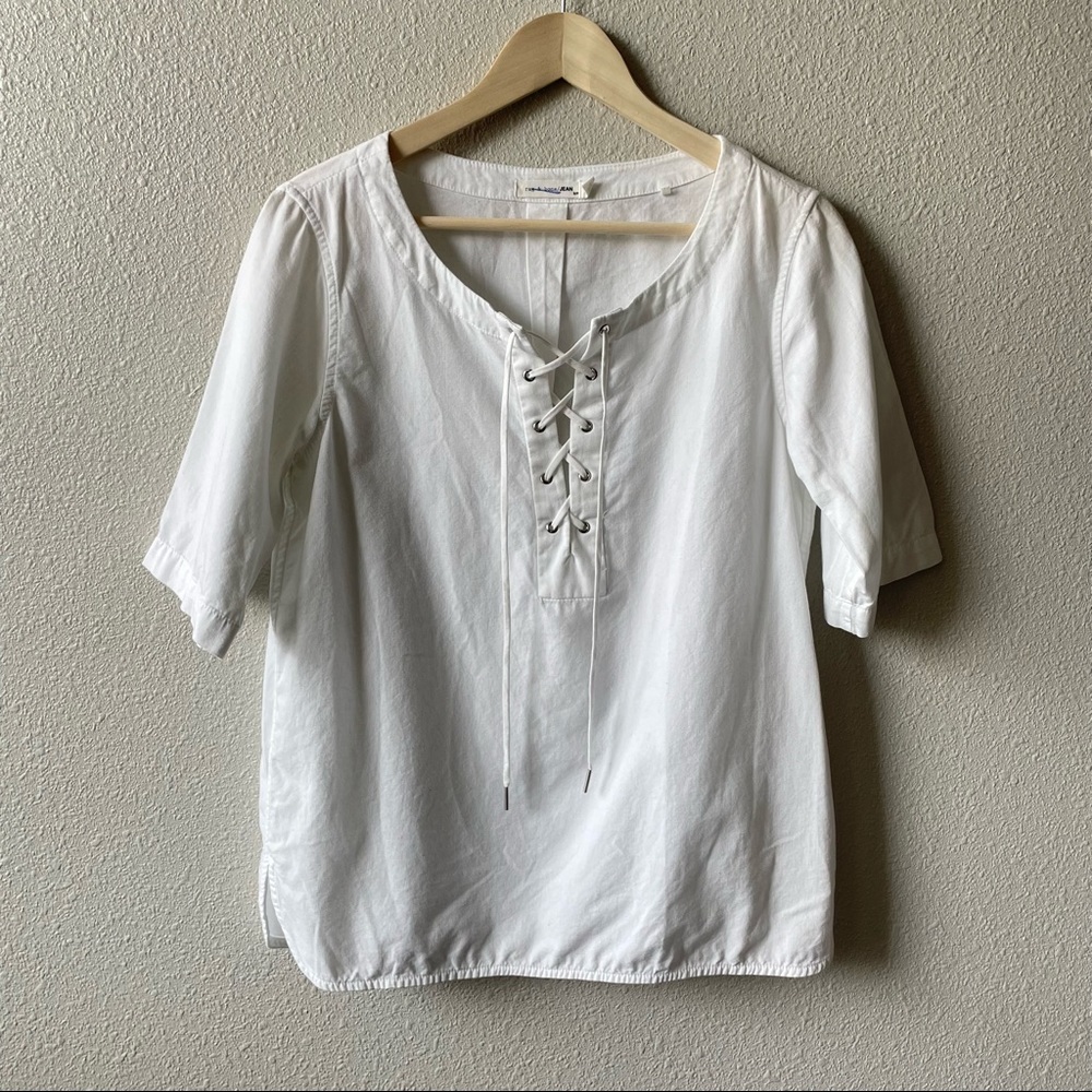 rag & bone White Lace-up Short Sleeve Top 100% Cotton Minimalist Boho Cottage